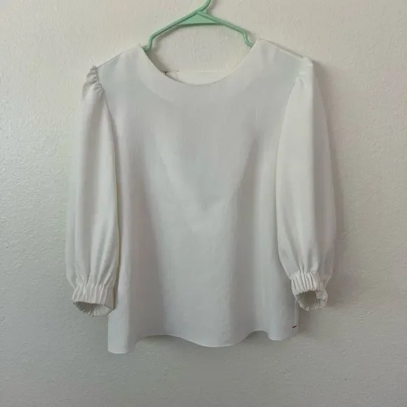 Tibi White Blouse Shirt 3/4 Puff Sleeve Partial Open Back Straps - Picture 3 of 11